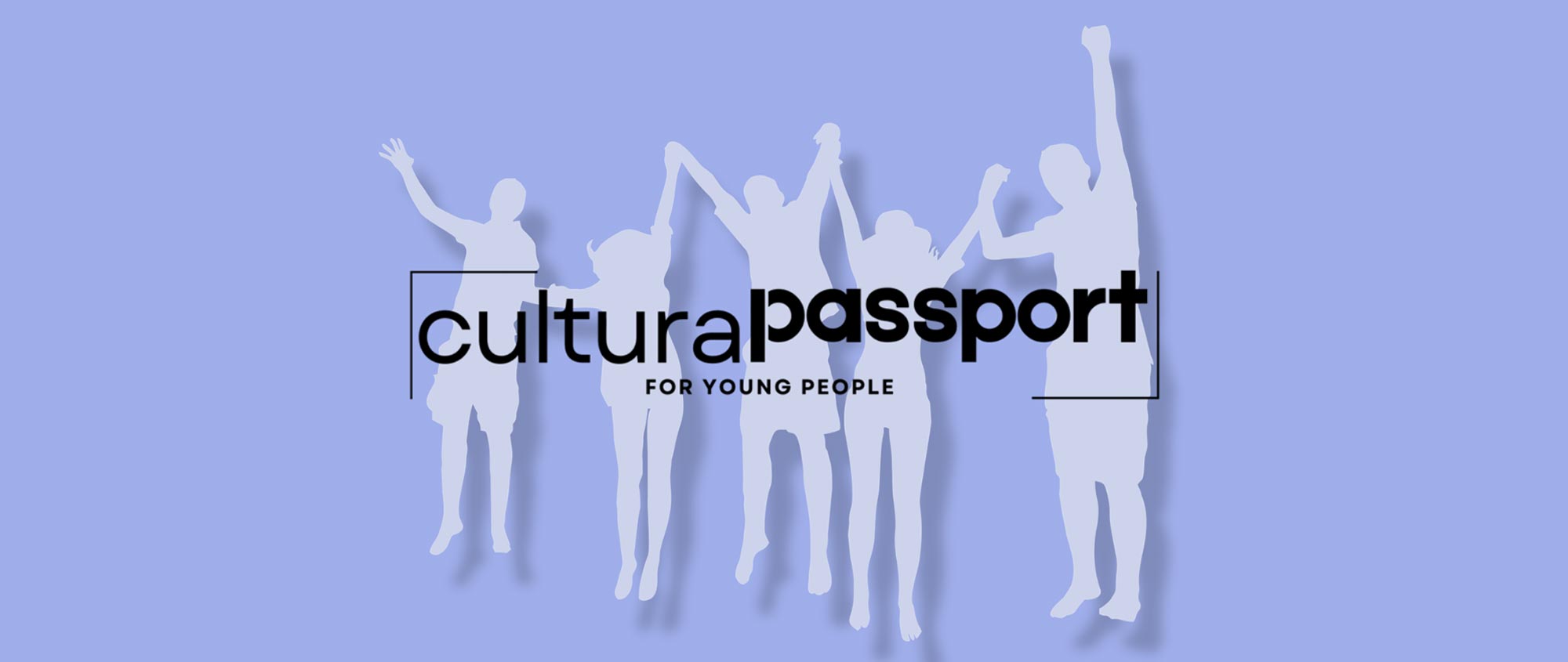 Cultural Passports for Young People logo in black text on purple background, with white silhouettes of 5 teenaged figure jumping in celebration.